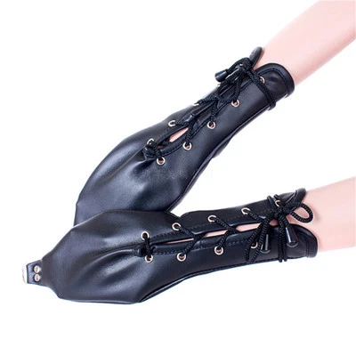 Faux Leather Female Lace Up Bondage Gloves Mittens - Image 1 of 4