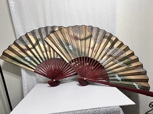 2 VINTAGE CHINESE DRAGON ON GOLD PAPER DECORATIVE Wall FAN 24" TALL 60" WIDE - Picture 1 of 12