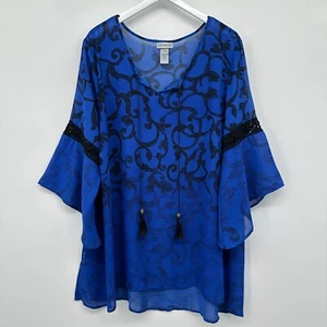 Catherines Tunic Top Shirt Blouse Size 2X Blue 3/4 Bell Sleeve Sheer Chiffon New - Picture 1 of 13