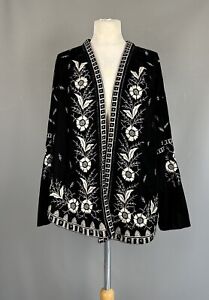 Monsoon Victoria Black Embroidered Velvet Floral Batwing Kimono Jacket L 16 18