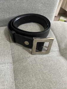**BVLGARI BELT BLACK GRAINED LEATHER SILVER SQUARE BUCKLE 119 cm - Picture 1 of 7