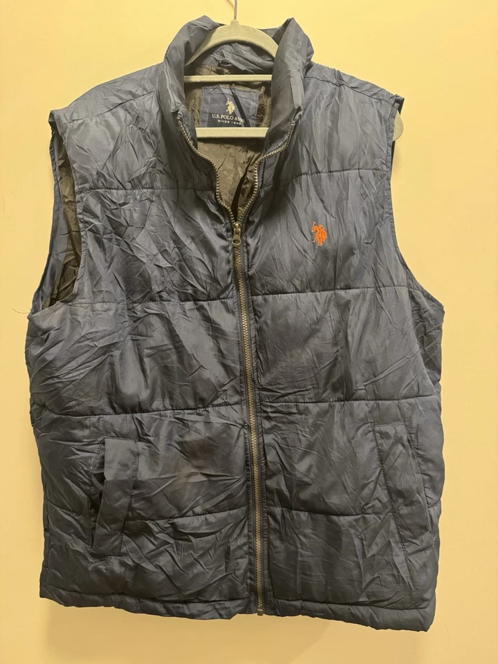 U.S. Polo Assn Men’s Puffer Vest Size Large Navy Blue Zip Jacket Orange Lining - Image 1 of 2