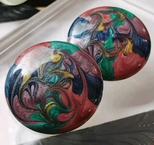 Vintage RAINBOW Hand painted Enamel Party Wear 1.25" Round Silver Tone Earrings! - Picture 1 of 10