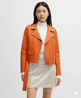 Naranja Mujeres Cuero Informal Piel de Cordero Elegante Chaqueta Genuina Hecha a Mano Motocicleta Foto 1 de 4