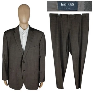 Ralph Lauren Slim Brown Sharkskin Glen Plaid Blue Check Wool Suit 50R 40X32 - Picture 1 of 13