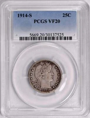 1914-S Barber Quarter : PCGS VF20 - Image 1 of 4