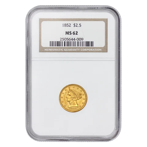 1852 $2.5 Gold Liberty Head NGC MS62 Quarter Eagle Philadelphia Graded coin Cover
