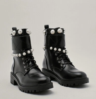 nastygal Pearl Detail Biker Boots Black UK6 US8 New - Изображение 1 из 4