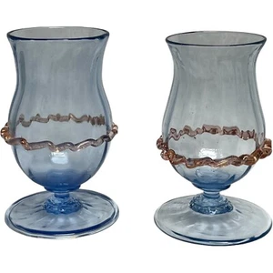 Pair Vintage Murano Venetian Juice Glasses Cordials Blue Applied Pink Trim 3-1/2 - Picture 1 of 8