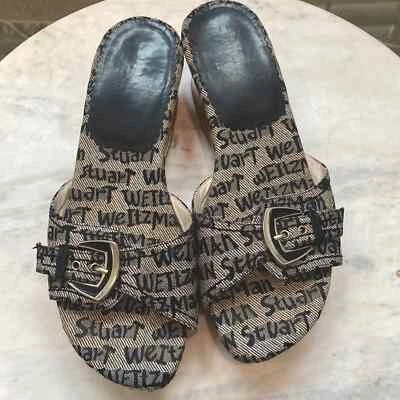 Stuart Weitzman Graffiti Logo Buckle Wooden Sandal Wedge - Image 1 of 4
