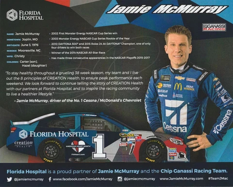 2018 Jamie McMurray Florida Hospital Chevy Camaro NASCAR MENCS postcard Cover