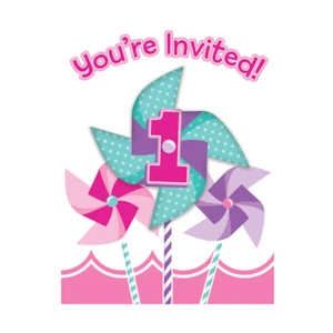 1st First Turning One Girl Pinwheel Party Supplies Invitations 8Pk Pink Birthday - Picture 1 of 1