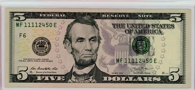 $5 FRN Series 2013 Atlanta Fancy MF 11112450 E QUAD ONES LOW SUM NUMBERS RARE - Image 1 of 2