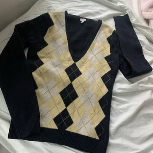 Vtg J Crew Sweater Womens Xs Navy 100% Lambs Wool Argyle Pullover V-neck Y2K Euc - Picture 1 of 8
