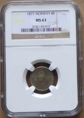 1871 NORWAY SILVER Coin 4 Skilling NGC  MS-63 , SCARCE GRADE . - Image 1 of 2