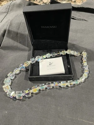 Graduated SWAROVSKI Cut CRYSTAL  Glass Square Faceted Bead NECKLACE  8.5” W Box - Image 1 of 4