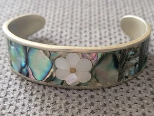 Ancien Bracelet Manchette Alpaca Mexico En Argent Nacre Vintage Alpaga N°2 - Imagen 1 de 7