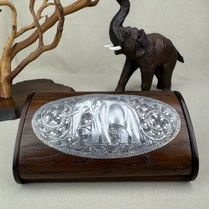 Elephant Trinket Jewelry Hinged Wooden Trinket Box with Embossed Metal Top - Picture 1 of 12