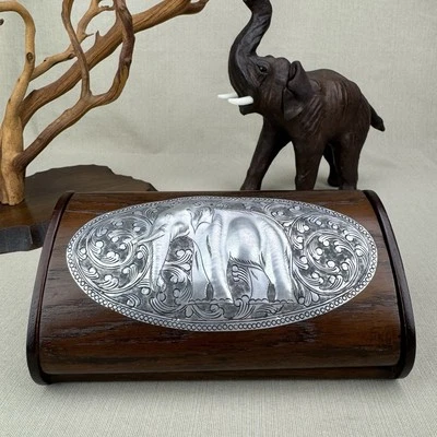 Elephant Trinket Jewelry Hinged Wooden Trinket Box with Embossed Metal Top - Image 1 of 4