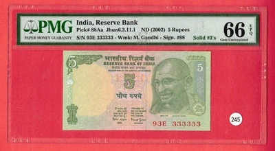 Banco de la Reserva de la India 5 Rupias Letra L P# 88Aa Sólido #3's PMG 66 EPQ UNC Lt 245 Foto 1 de 2