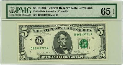 FR.1971-D $5 1969B Federal Reserve Note Cleveland Gem Unc 65 EPQ PMG 950222-185 - Image 1 of 3