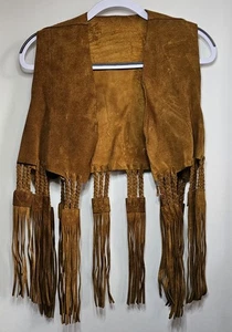Vintage hellbraune Lederweste Wildleder lange Fransen 60er Hippie Woodstock Made in Spain Large - Bild 1 von 20
