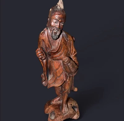 Antique Asian Carved Wood Statue-Man-Realistic Eyes-8” - Image 1 of 4
