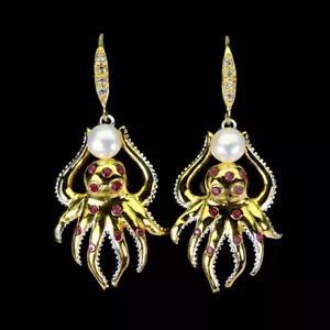 Summer 925 Silver Earrings Round Ruby Pearl Natural Gemstone Squid Jewelry - Picture 1 of 14