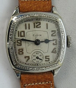 1930's Deco Elgin 14K White Gold GF Engraved Square Cushion Men's Restored Watch - Picture 1 of 13