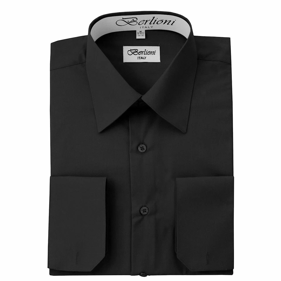 BERLIONI ITALY MEN'S DRESS SHIRT FRENCH CONVERTIBLE CUFF LONG SLEEVE BLACK 3XL (19-19 1/2) sleeve 36/37 Black Tuxedo