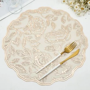 Round Placemats Gold Rose Table Mats Set of 6 Vinyl Heat Resistant Mat Washab... - Picture 1 of 7