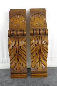 11" Antique French Carved Oak Wood a Pair Corbel Pillars Wall Brackets Salvage
