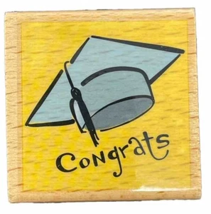 Congrats Graduate Student Graduation Cap Hat Word Greeting Wood Rubber Stamp - Picture 1 of 4