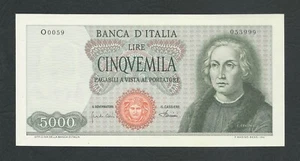 Italy Lire 5000 FDS ass/gem UNC COLOMBO 1°Tipo Decr. 04-01-1968 Rara !!! - Picture 1 of 4