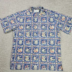 Reyn Spooner Detrich Varez Hawaiian Shirt Large Blue Hula Girl British US Flag - Picture 1 of 10