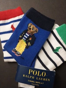 Boys 4-7 , Polo Ralph Lauren Sailor Stripes Polo Bear Crew Socks Shoe Size 10-13 - Picture 1 of 9