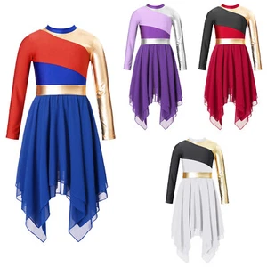Kids Girls Dance Dress Asymmetrical Chiffon Hem Dress Breathable Long Sleeve - Picture 1 of 46