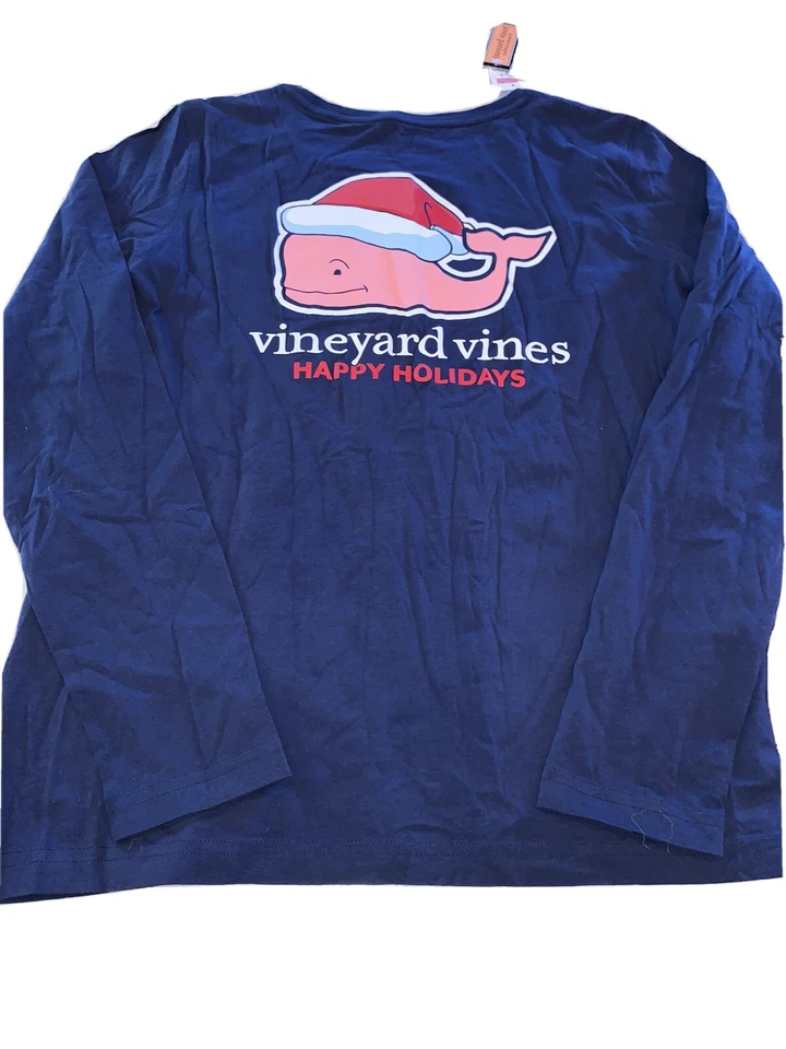 Vineyard Vines Women T- Shirt LS Blue Santa Whale Happy Holidays Medium