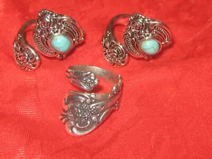Wholesale Lot Of 3 Silver Plated Turquoise Spoon Rings Stone Gift Adjustable - Picture 1 of 2