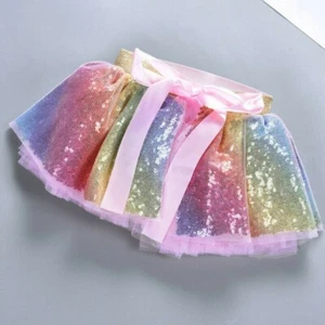 Baby Girl Tutu Skirt Headband Outfit Sequin Mesh Rainbow Children Dancewear - Picture 1 of 12