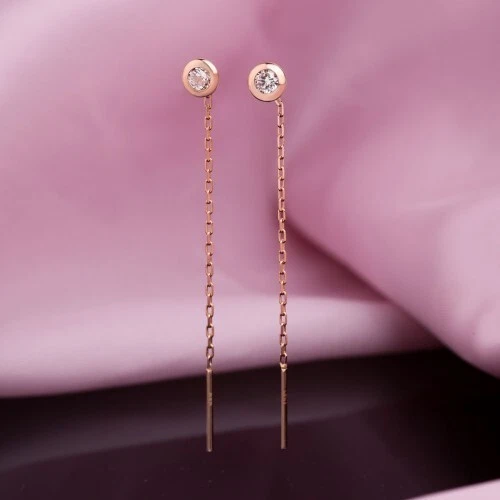 Solid rose gold 585/14k threader CZ  earrings bezel setting Beautiful! - Image 1 of 1