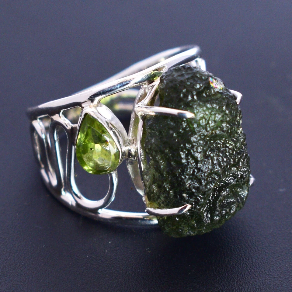 Anello Moldavite Naturale Argento Sterling 925 Peridoto Gemma Anniversario... - Immagine 1 di 4
