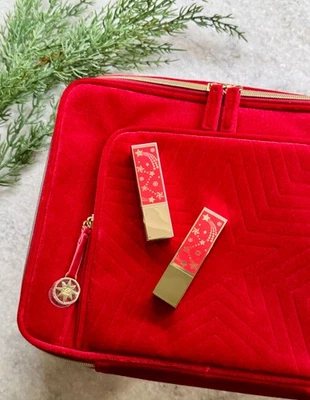 New Estee Lauder Red Velvet Train Case Bag & 2 Limited Edition Creme Lipsticks - Image 1 of 4