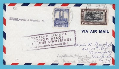 BELGIUM CONGO first flight cover 1941 Leopoldville to New Jersey, USA - Image 1 of 2