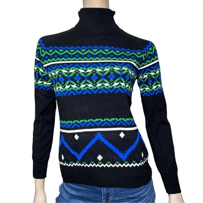 Suéter cuello alto Yuka para mujer talla 2 M negro blanco verde azul Fair Isle Foto 1 de 4