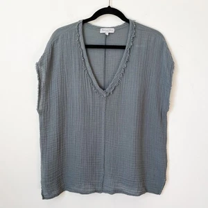 Michael Stars Draya V-Neck Fringe Trim Gauze Cotton Top Blue Gray Medium Summer - Picture 1 of 11