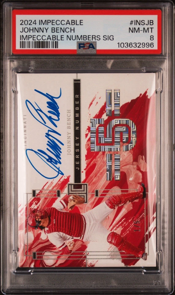 2024 Panini Impecável Johnny Bench Auto/5 Números Impecáveis #INSJB Reds PSA 8 - Imagem 1 de 2