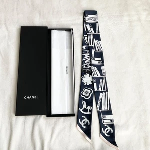 NWOT w/box CHANEL blue white silk scarf slim headband books logo Trojan - Picture 1 of 7