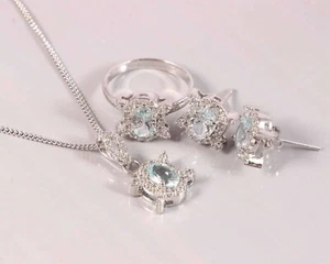 Natural Aquamarine Ring Earrings Pendant Halo Jewelry Set 925 Sterling Silver - Picture 1 of 4