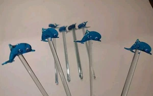 8 Vtg MCM Hand Blown Art Glass DOLPHIN Porpoise Swizzle Stir Sticks - Picture 1 of 12